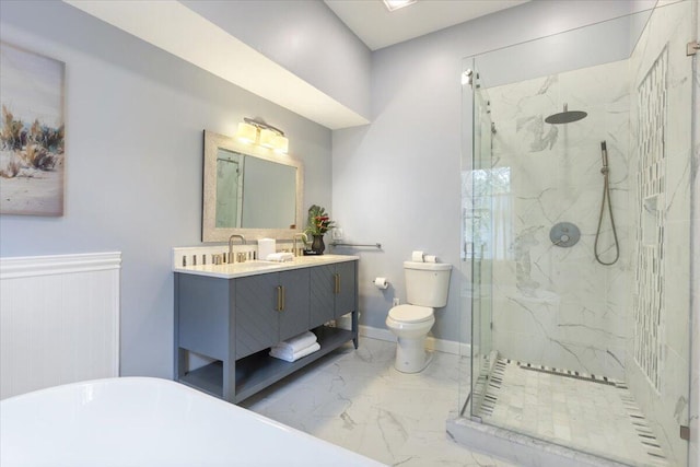 25 Sawmill Ln, Ogunquit, ME 03907 - bathroom featuring marble finish floors, a marble finish shower, vanity, and a freestanding bath