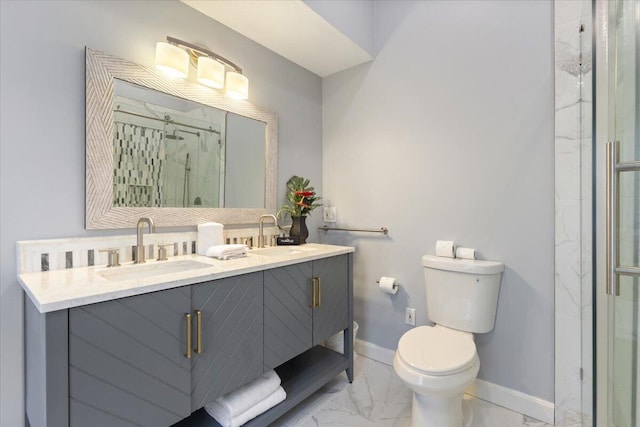 25 Sawmill Ln, Ogunquit, ME 03907 - bathroom with marble look tiles, a marble finish shower, and double vanity