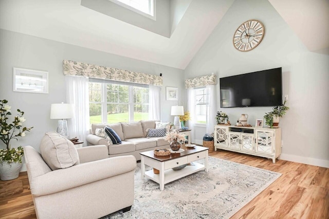 10 Haleys Ct Unit 22, Wells, ME 04090 - living room with healthy amount of natural light, wood finished floors, high vaulted ceiling, and baseboards