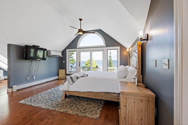 129 Loon Call Dr, Belgrade, ME 04917 - bedroom with a baseboard heating unit, a wall mounted air conditioner, access to exterior, vaulted ceiling, and wood finished floors