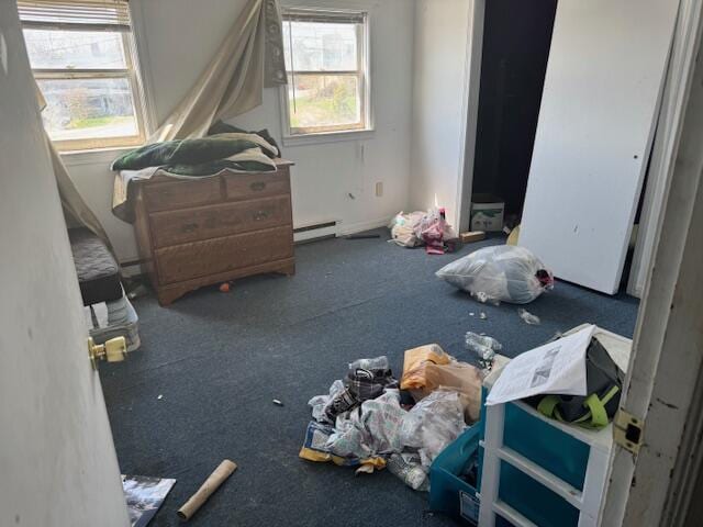 bedroom featuring carpet and a baseboard radiator