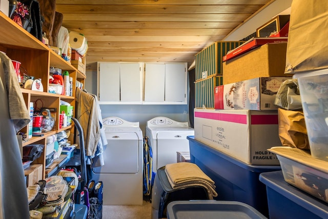 2 Airport Rd, Turner, ME 04282 - washroom with separate washer and dryer, wooden ceiling, cabinet space, and carpet floors