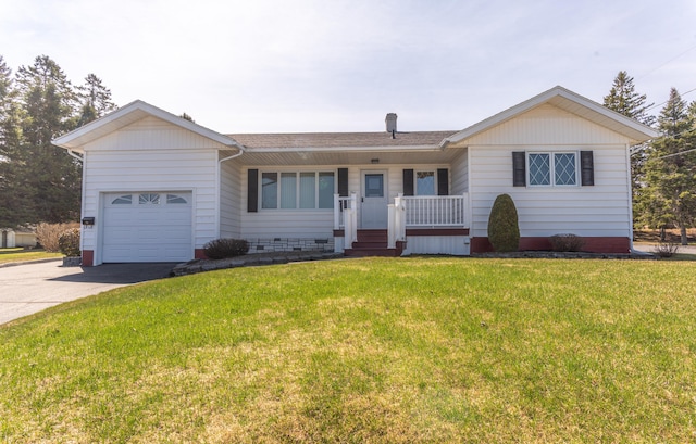ranch-style home with concrete driveway, an attached garage, a front lawn, a porch, and roof with shingles