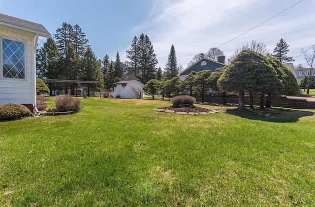 view of grassy yard with an outdoor structure and a storage unit