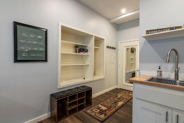 mudroom featuring dark wood-type flooring, baseboards, and a sink