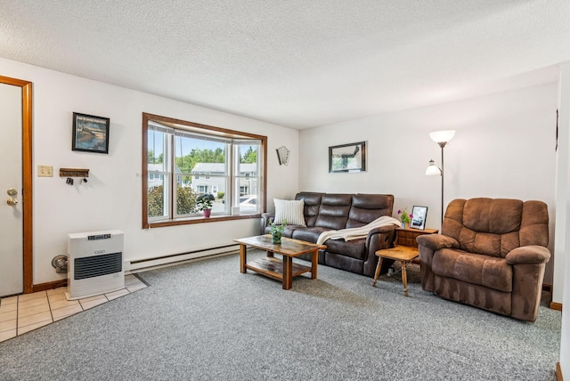 55 Lambert St Unit 4, Portland, ME 04103 - living room featuring a baseboard heating unit, carpet flooring, heating unit, a textured ceiling, and tile patterned floors