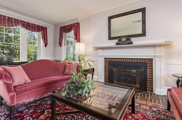 14 Highland St, Portland, ME 04103 - living room with a brick fireplace, ornamental molding, plenty of natural light, brick patterned floors, and a decorative wall