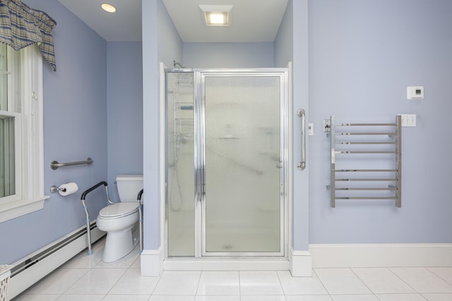 14 Highland St, Portland, ME 04103 - bathroom with a baseboard radiator, radiator heating unit, toilet, tile patterned flooring, and a shower stall