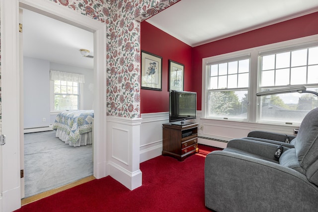 14 Highland St, Portland, ME 04103 - sitting room featuring carpet floors, a baseboard heating unit, wainscoting, wallpapered walls, and ornamental molding