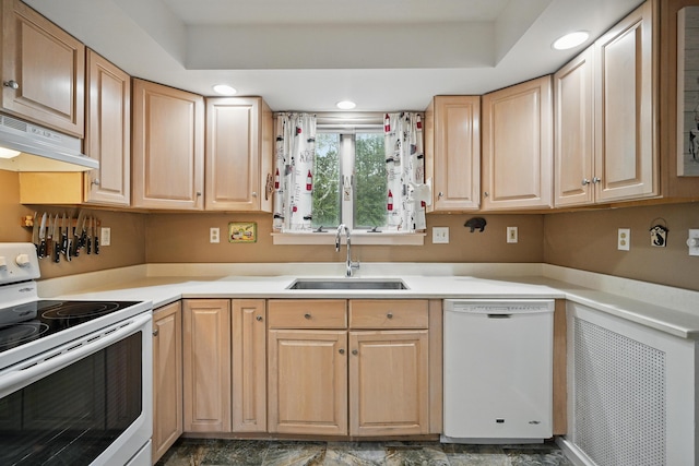 51 Googin St, Lewiston, ME 04240 - kitchen featuring white appliances, a sink, under cabinet range hood, and light brown cabinetry