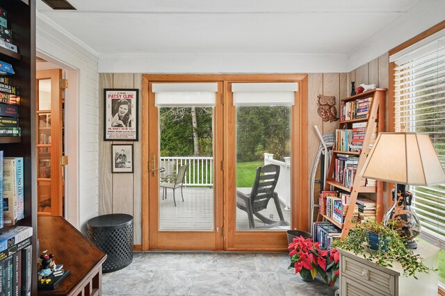 51 Googin St, Lewiston, ME 04240 - doorway featuring ornamental molding and wood walls