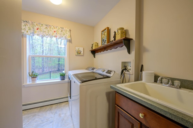 229 Stone Rd, Newfield, ME 04095 - washroom with baseboard heating, independent washer and dryer, healthy amount of natural light, and a sink