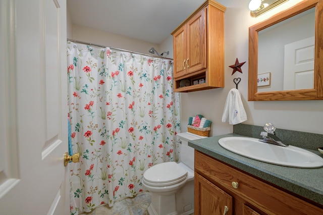 229 Stone Rd, Newfield, ME 04095 - full bath featuring toilet, vanity, a shower with shower curtain, and tile patterned flooring