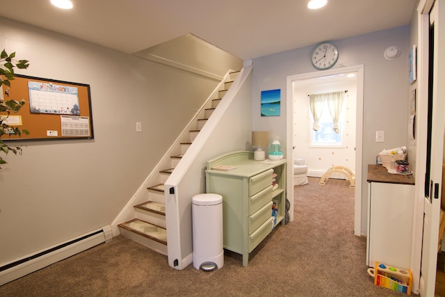14 Fields Pond Rd, Holden, ME 04429 - stairs featuring carpet flooring, a baseboard radiator, and recessed lighting