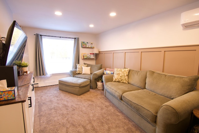 14 Fields Pond Rd, Holden, ME 04429 - living area featuring a decorative wall, recessed lighting, carpet flooring, a wall mounted AC, and wainscoting