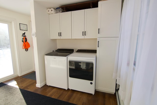 14 Fields Pond Rd, Holden, ME 04429 - laundry room featuring baseboards, dark wood-style flooring, independent washer and dryer, and cabinet space