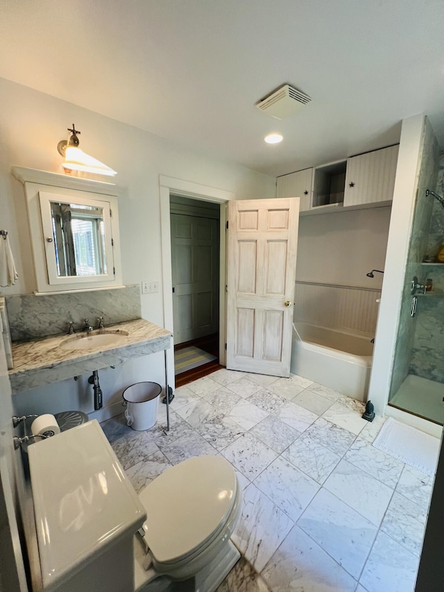 329 Salt Pond Rd, Blue Hill, ME 04614 - full bathroom with a bath, marble look tiles, a stall shower, a sink, and recessed lighting