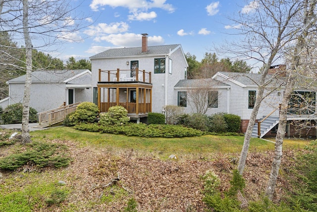 388 High Head Rd, Harpswell, ME 04079 - back of house featuring a chimney, a wooden deck, stairway, a balcony, and roof with shingles