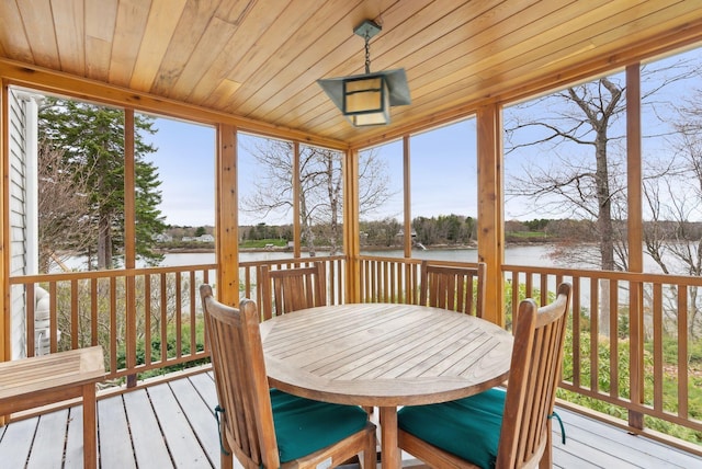 388 High Head Rd, Harpswell, ME 04079 - sunroom / solarium featuring a deck with water view, wooden ceiling, plenty of natural light, and hardwood / wood-style floors