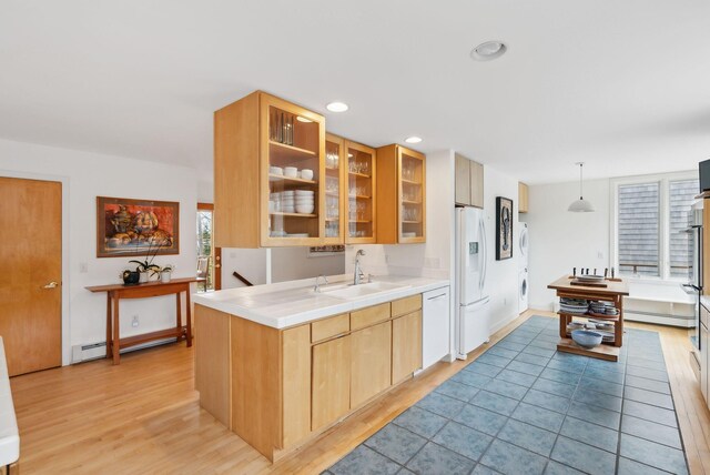 388 High Head Rd, Harpswell, ME 04079 - kitchen featuring white appliances, a sink, a baseboard heating unit, light wood finished floors, and recessed lighting