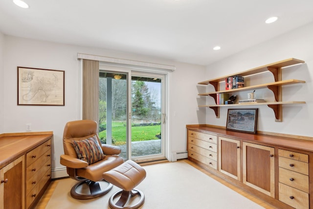 388 High Head Rd, Harpswell, ME 04079 - sitting room featuring a baseboard radiator, recessed lighting, a baseboard heating unit, and light wood-style flooring