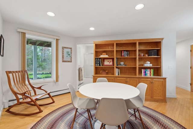 388 High Head Rd, Harpswell, ME 04079 - dining area featuring a baseboard radiator, light wood-style floors, recessed lighting, and baseboards