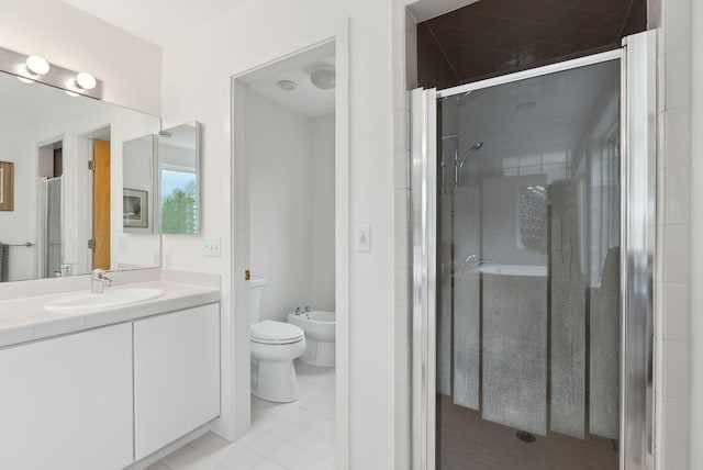 388 High Head Rd, Harpswell, ME 04079 - bathroom with a shower stall, a bidet, vanity, and tile patterned flooring