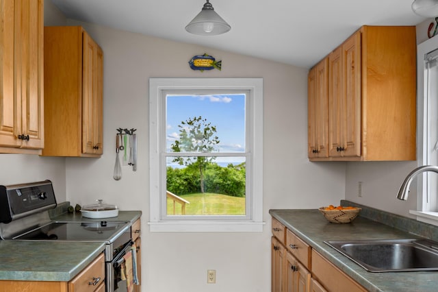 20 Long Point Is, Harpswell, ME 04079 - kitchen with black range with electric cooktop, a sink, vaulted ceiling, and dark countertops