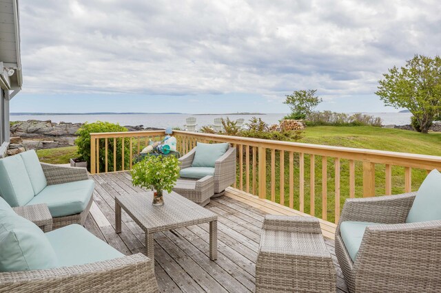 20 Long Point Is, Harpswell, ME 04079 - wooden terrace with an outdoor hangout area, a water view, and a yard