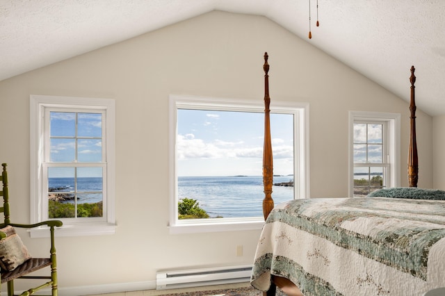 20 Long Point Is, Harpswell, ME 04079 - bedroom featuring baseboard heating, vaulted ceiling, a water view, and multiple windows