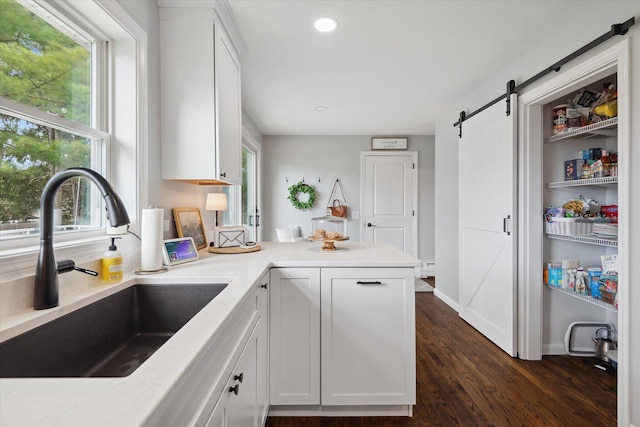 kitchen featuring a sink, a barn door, dark wood finished floors, white cabinets, and recessed lighting