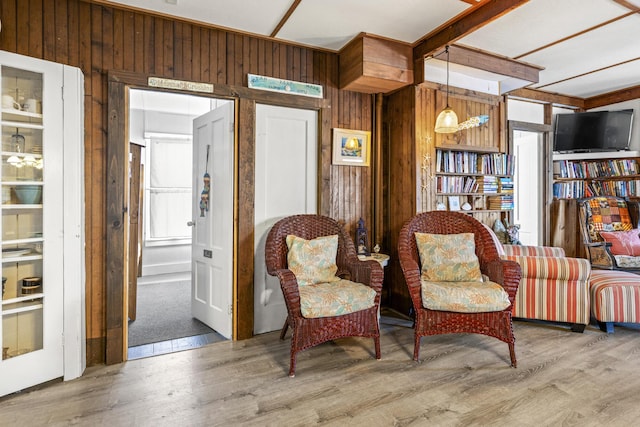 living area with wood walls and wood finished floors