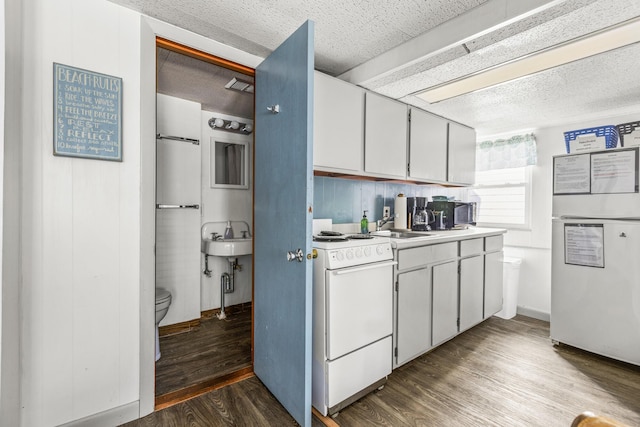 kitchen featuring white stove, dark wood finished floors, light countertops, and a sink