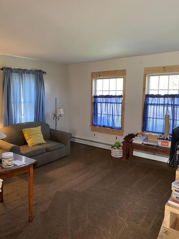 carpeted living room with baseboard heating and baseboards