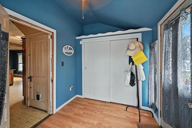 entryway with lofted ceiling and wood finished floors