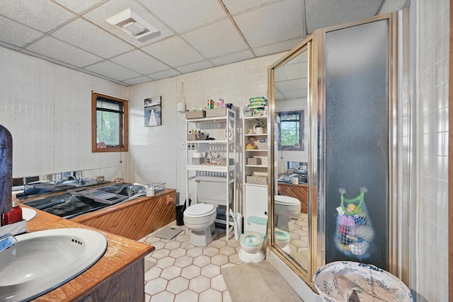 full bathroom with a drop ceiling, toilet, a shower stall, plenty of natural light, and vanity
