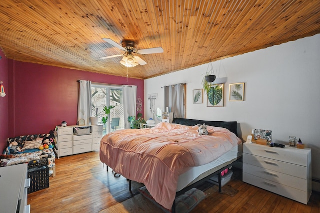 bedroom with access to exterior, hardwood / wood-style flooring, ceiling fan, and wooden ceiling
