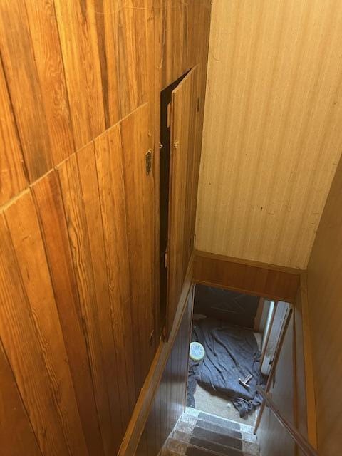 217 Dickvale Rd, Peru, ME 04290 - stairway featuring wood walls