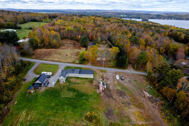 aerial overview of property's location featuring a heavily wooded area and a large body of water