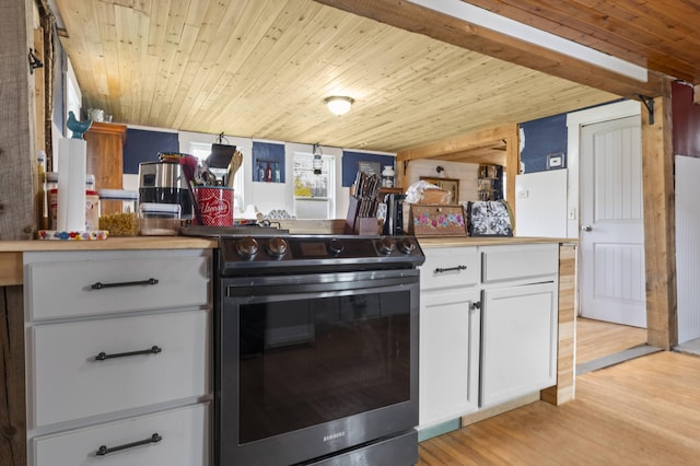 kitchen featuring electric range, wood ceiling, light wood-style floors, white cabinetry, and light countertops