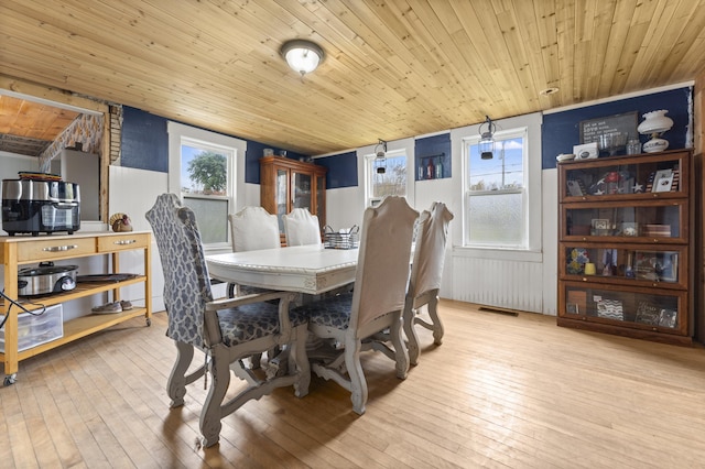 dining room featuring wood ceiling and hardwood / wood-style flooring