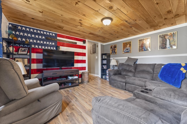 living room featuring wooden ceiling, wood finished floors, and baseboards
