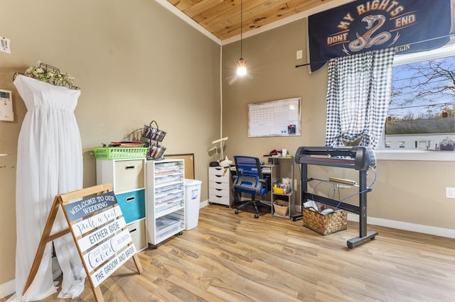 office space featuring ornamental molding, wooden ceiling, wood finished floors, baseboards, and lofted ceiling