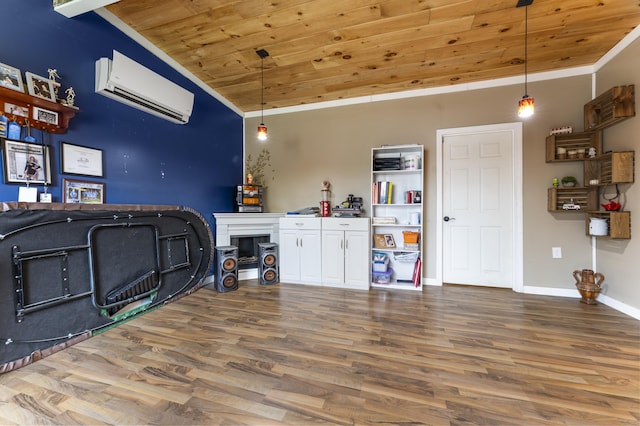 interior space featuring wooden ceiling, an AC wall unit, lofted ceiling, wood finished floors, and ornamental molding