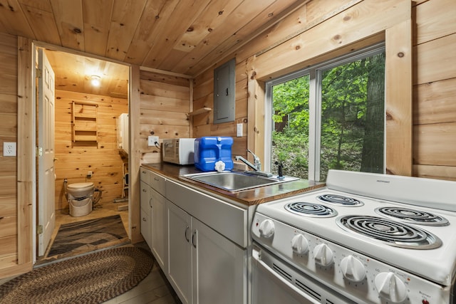 23 E Shore Dr, Greene, ME 04236 - kitchen featuring white appliances, a sink, wooden walls, electric panel, and wood ceiling