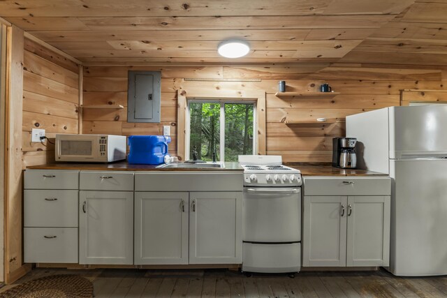 23 E Shore Dr, Greene, ME 04236 - kitchen with white appliances, electric panel, wood ceiling, light wood finished floors, and a sink