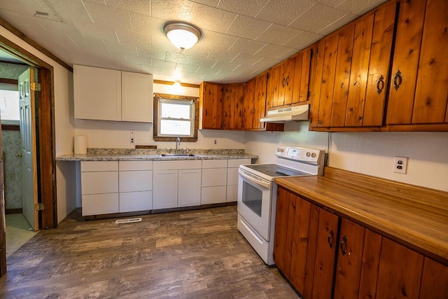 225 Todds Corner Rd, Saint Albans, ME 04971 - kitchen with white electric stove, under cabinet range hood, a sink, dark wood-type flooring, and brown cabinets