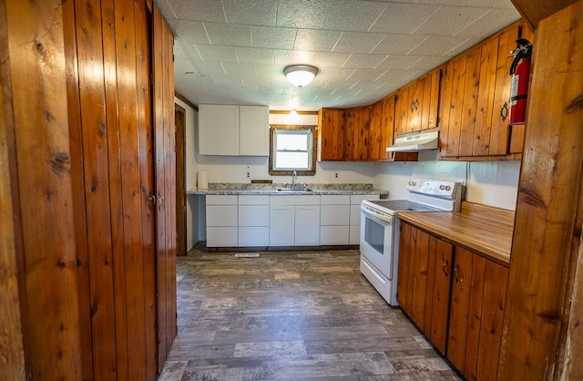 225 Todds Corner Rd, Saint Albans, ME 04971 - kitchen with white range with electric cooktop, under cabinet range hood, a sink, dark wood-style floors, and white cabinets