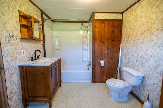 225 Todds Corner Rd, Saint Albans, ME 04971 - full bathroom with bathtub / shower combination, toilet, vanity, and wallpapered walls
