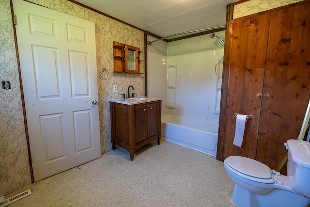 225 Todds Corner Rd, Saint Albans, ME 04971 - bathroom with wallpapered walls, toilet,  shower combination, vanity, and crown molding